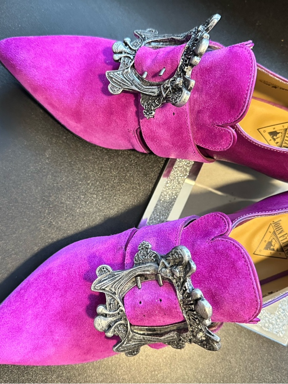 John Fluevog Magenta Suede Pointed Loafers with Ornate Silver Buckle
